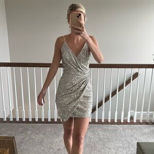 GIANNI BINI wrap silver sequin mini dress
